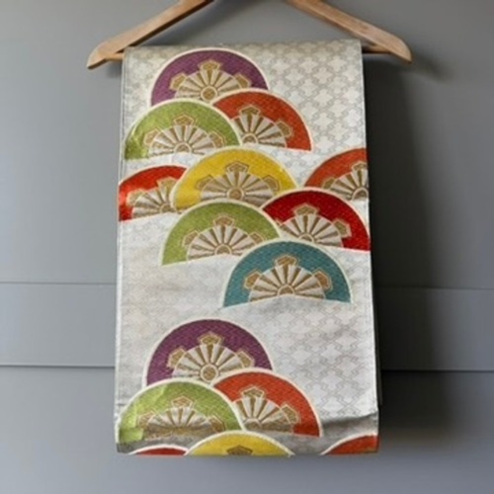 Vintage Japanese Fukuro Obi Silk‎ Gold Brocade Multi Fan Kimono Sash Belt 165x12